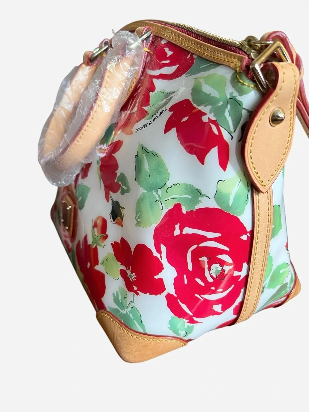 Dooney & Bourke Floral Dome Satchel with Red Floral Print and Tan Leather Trim